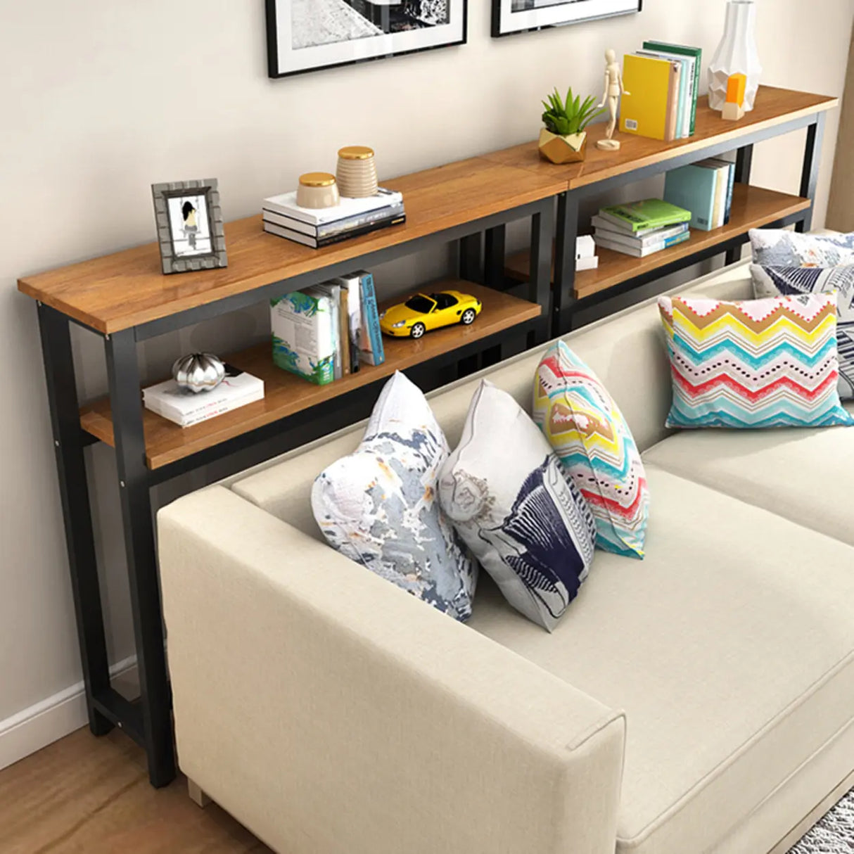 Simple Storage Oak Top White Trestle Frame Console Table Image - 7