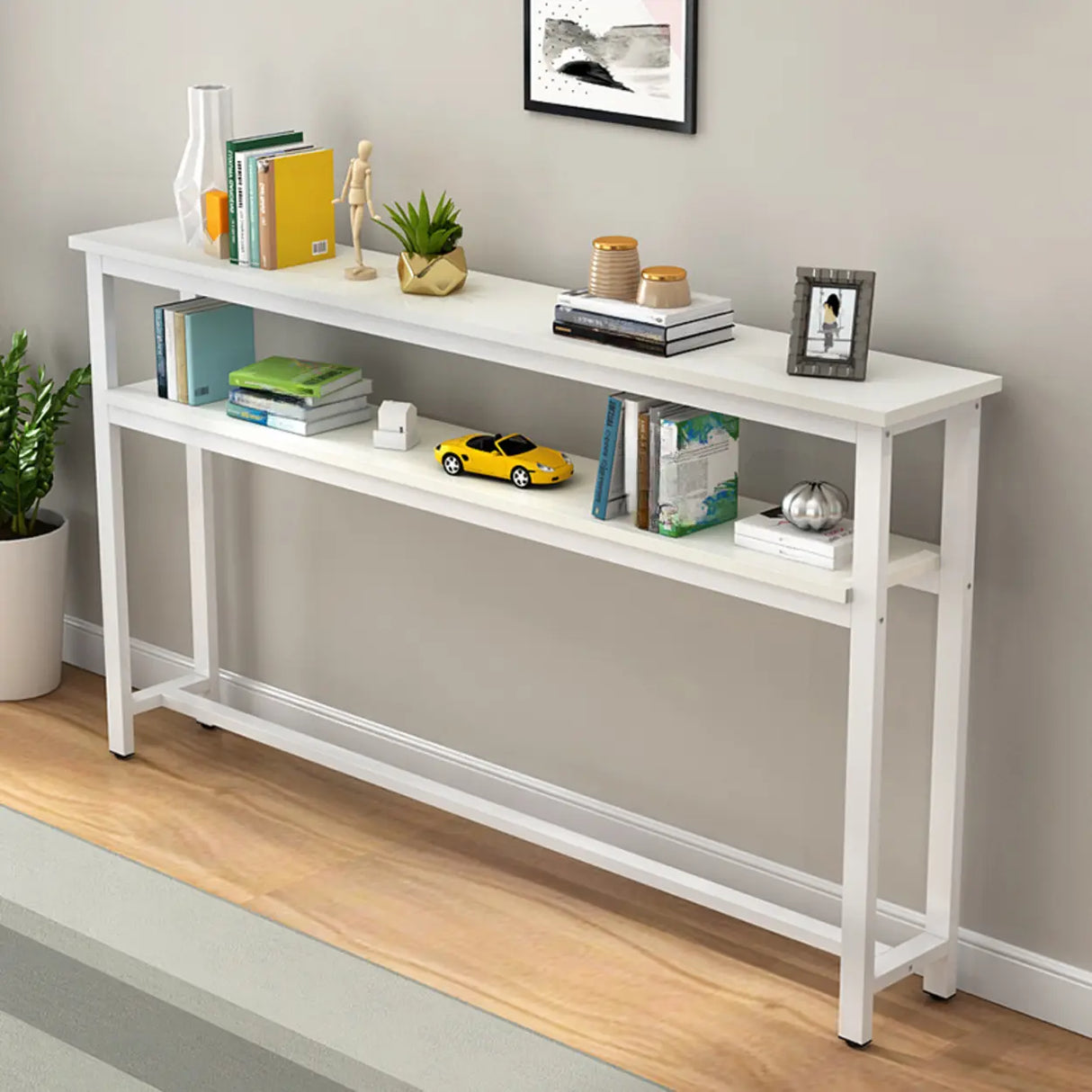 Simple Storage Oak Top White Trestle Frame Console Table Image - 8