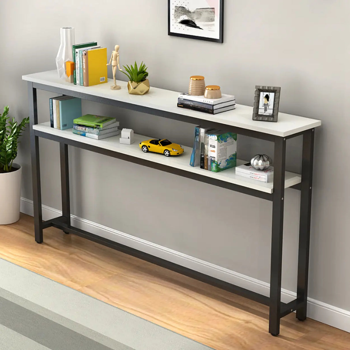 Simple Storage Oak Top White Trestle Frame Console Table Image - 9