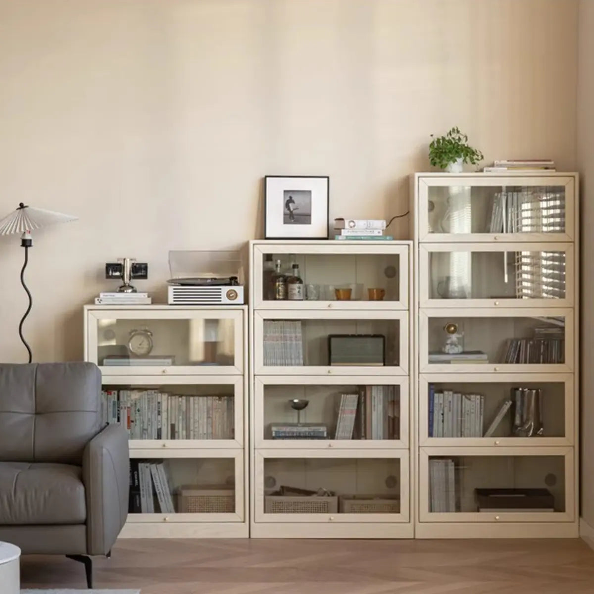 Simple Tiered Glass Beige Wood Barrister Bookcases Image - 3