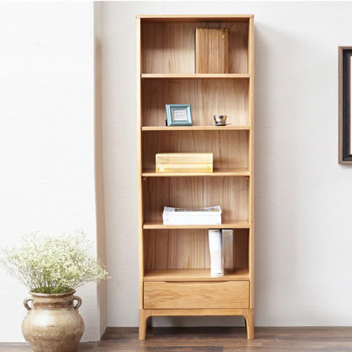 Simple Vertical Oak Rectangular Drawer Narrow Bookcase Image - 10
