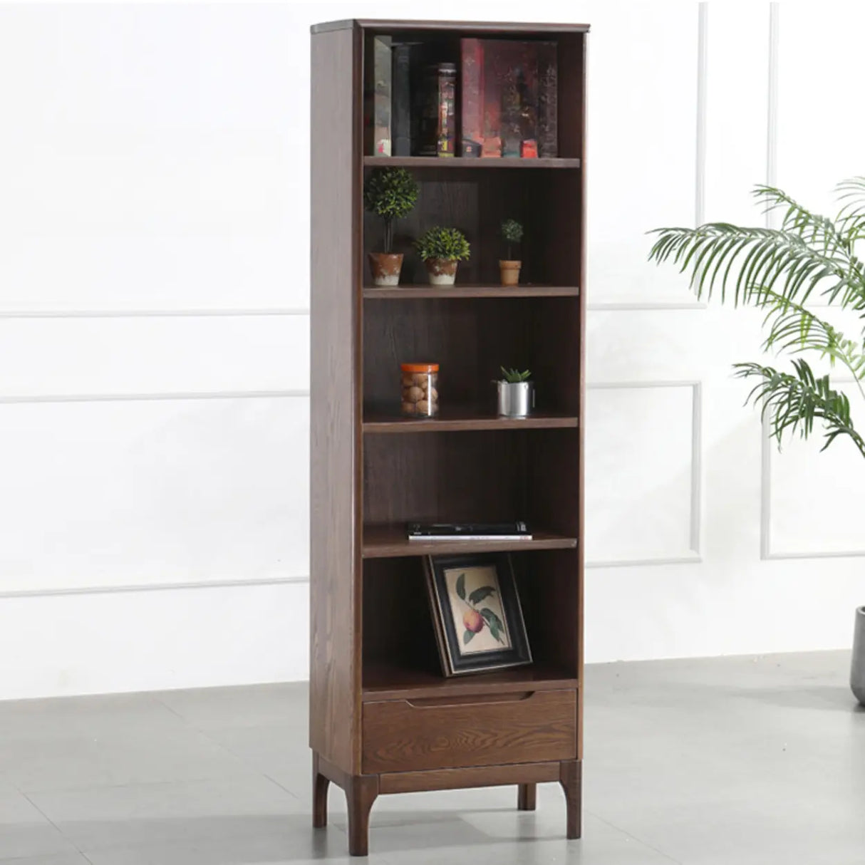 Simple Vertical Oak Rectangular Drawer Narrow Bookcase Image - 11