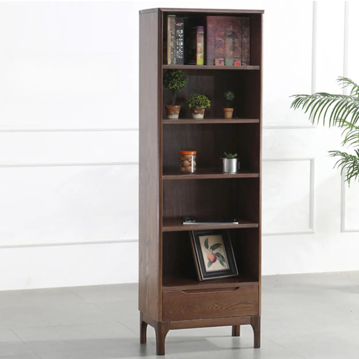 Simple Vertical Oak Rectangular Drawer Narrow Bookcase Image - 13