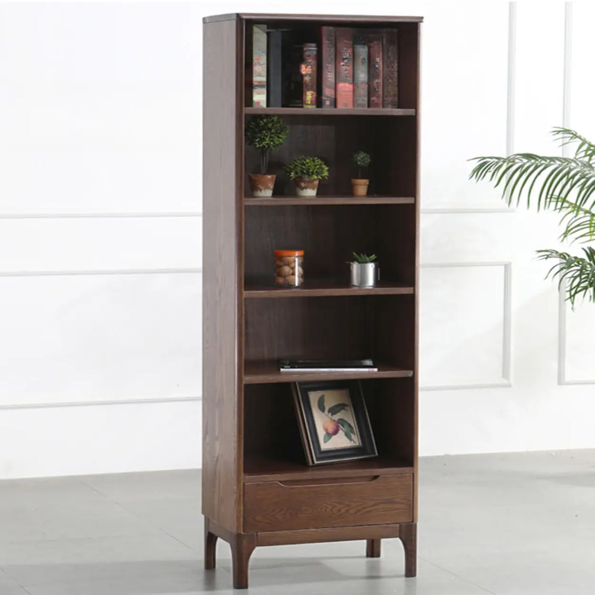 Simple Vertical Oak Rectangular Drawer Narrow Bookcase Image - 16