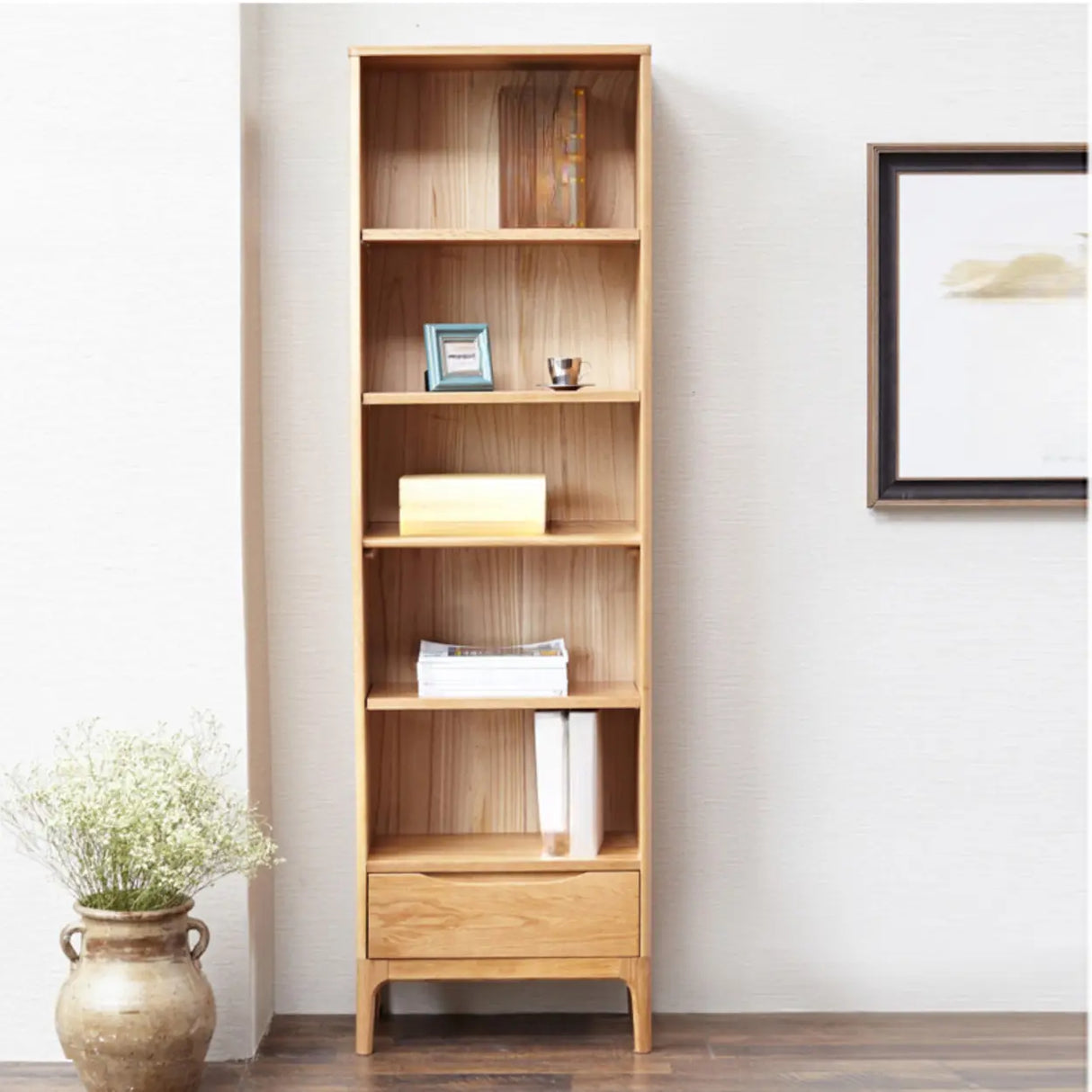 Simple Vertical Oak Rectangular Drawer Narrow Bookcase Image - 2