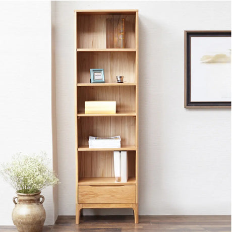 Simple Vertical Oak Rectangular Drawer Narrow Bookcase Image - 2