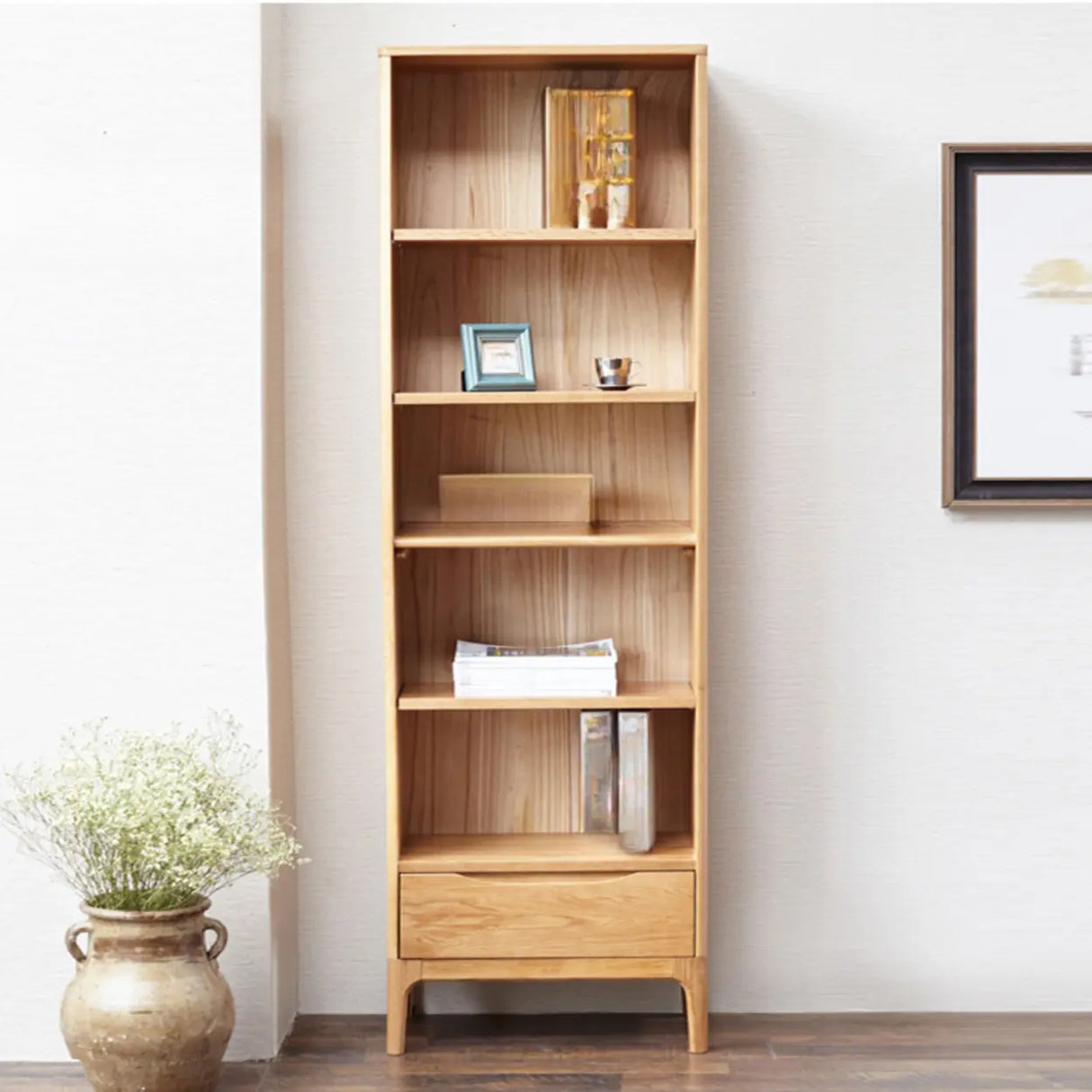 Simple Vertical Oak Rectangular Drawer Narrow Bookcase Image - 5