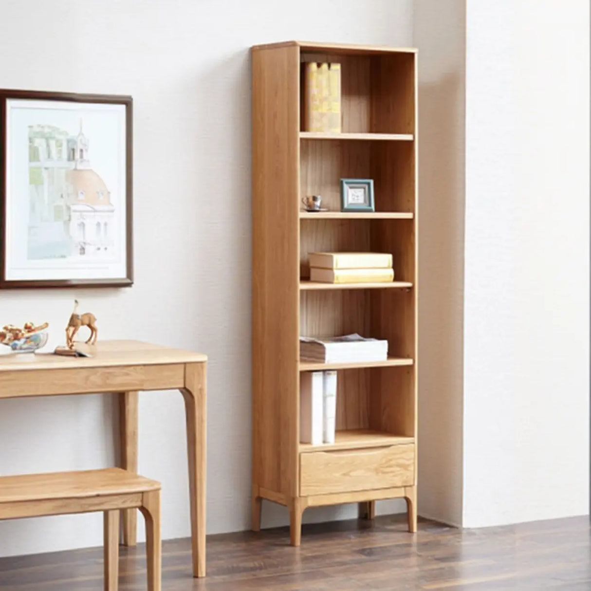 Simple Vertical Oak Rectangular Drawer Narrow Bookcase Image - 6