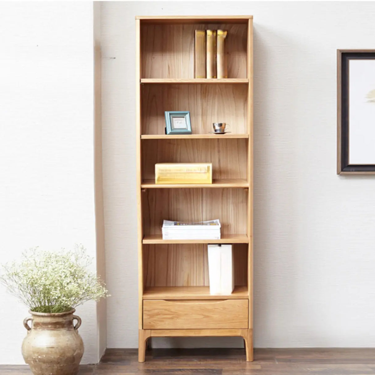 Simple Vertical Oak Rectangular Drawer Narrow Bookcase Image - 7
