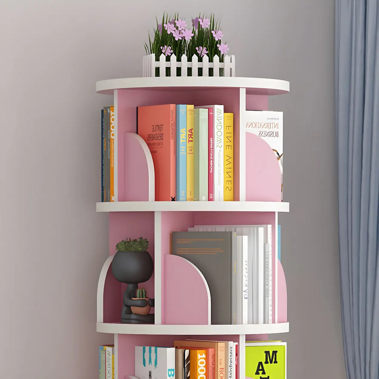 Simple Vertical Round Revolving Wooden Narrow Bookcase Image - 14