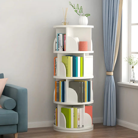 Simple Vertical Round Revolving Wooden Narrow Bookcase Image - 1