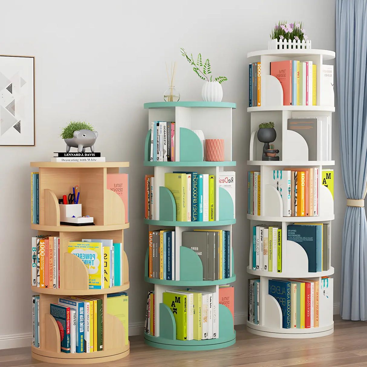Simple Vertical Round Revolving Wooden Narrow Bookcase Image - 20