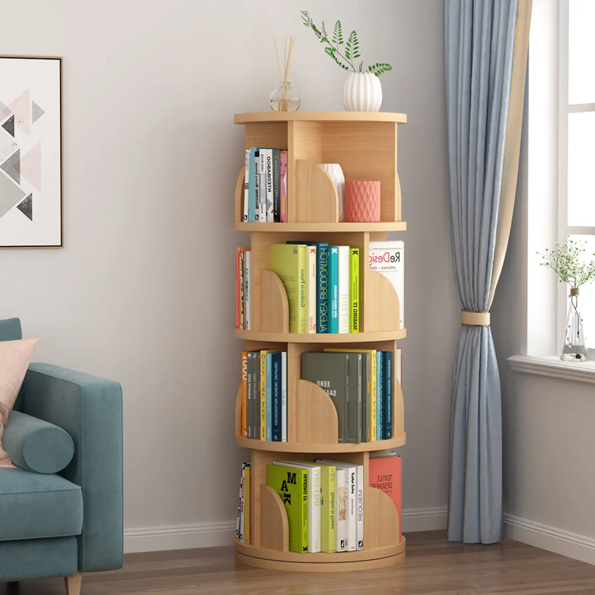 Simple Vertical Round Revolving Wooden Narrow Bookcase Image - 21