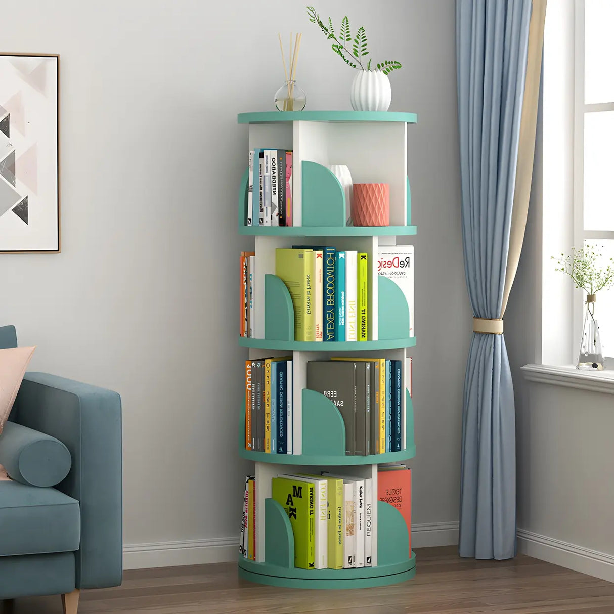 Simple Vertical Round Revolving Wooden Narrow Bookcase Image - 23