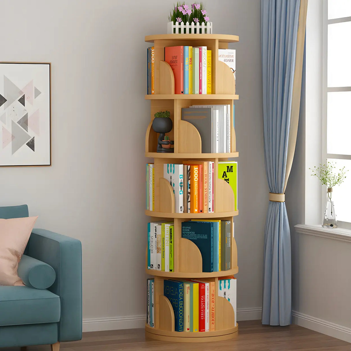 Simple Vertical Round Revolving Wooden Narrow Bookcase Image - 25