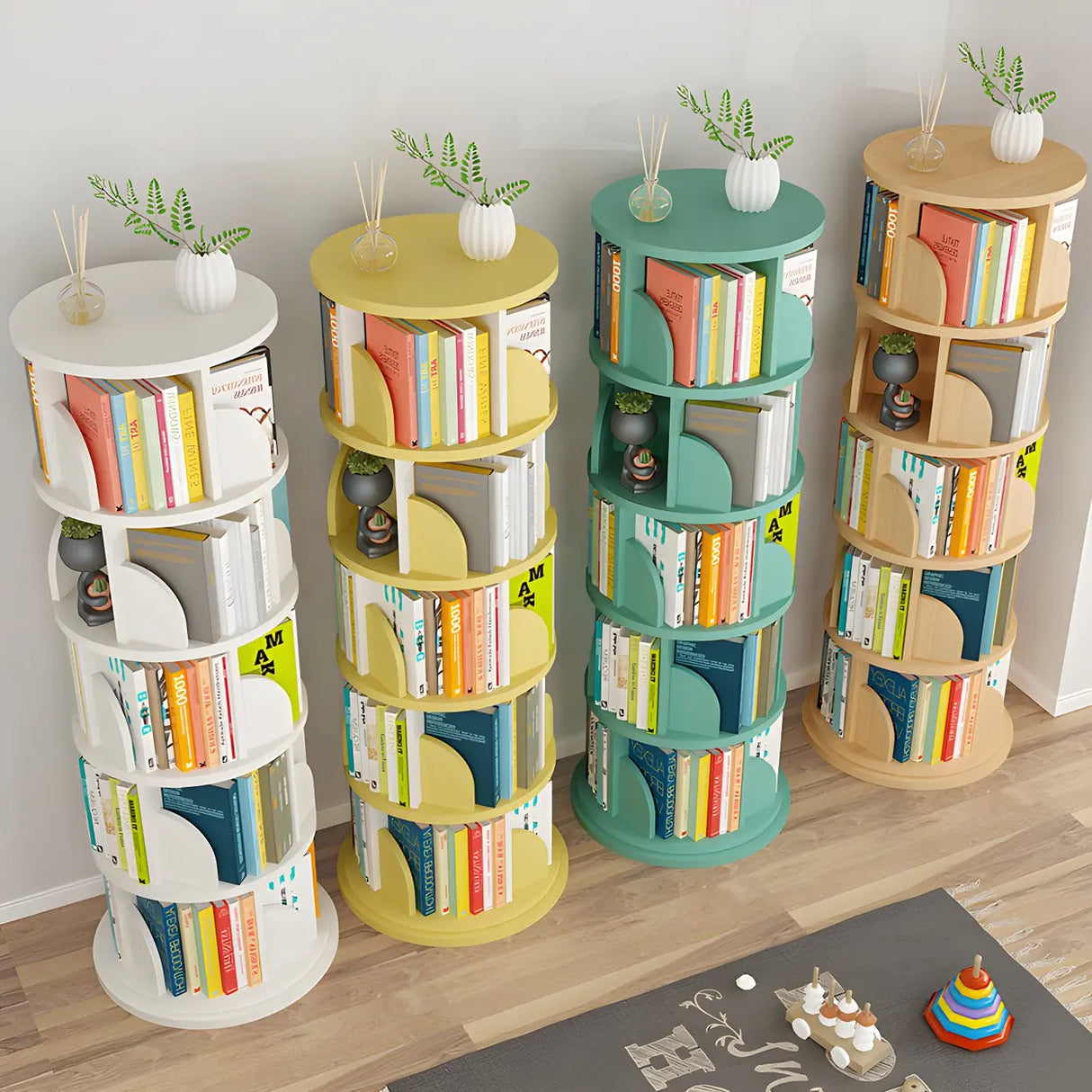 Simple Vertical Round Revolving Wooden Narrow Bookcase Image - 30