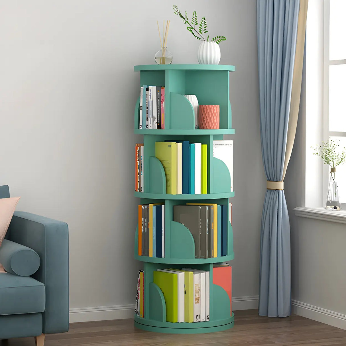 Simple Vertical Round Revolving Wooden Narrow Bookcase Image - 4