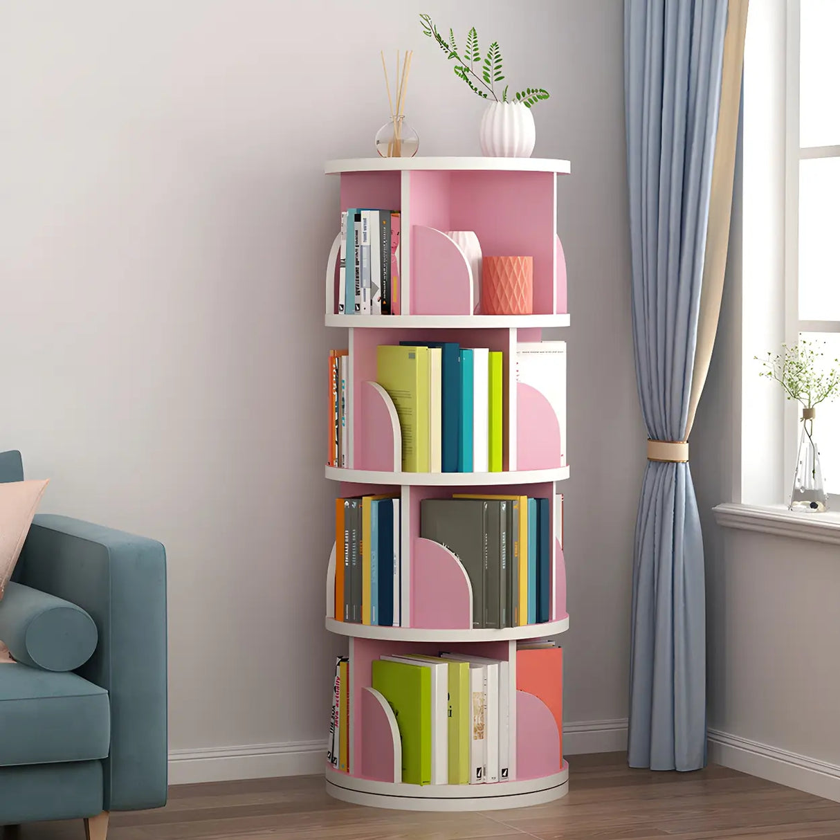 Simple Vertical Round Revolving Wooden Narrow Bookcase Image - 5
