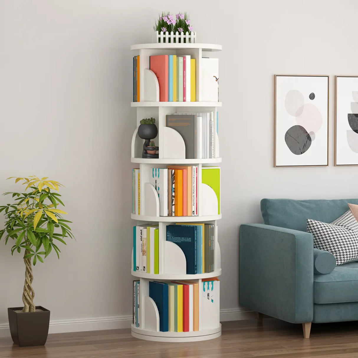 Simple Vertical Round Revolving Wooden Narrow Bookcase Image - 7