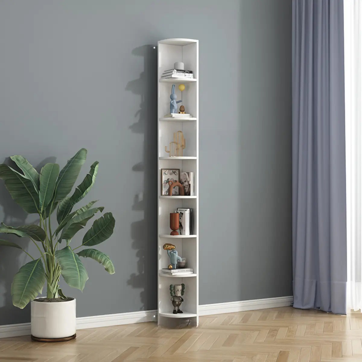 Simple Vertical White Wood Rectangular Narrow Bookcase Image - 11