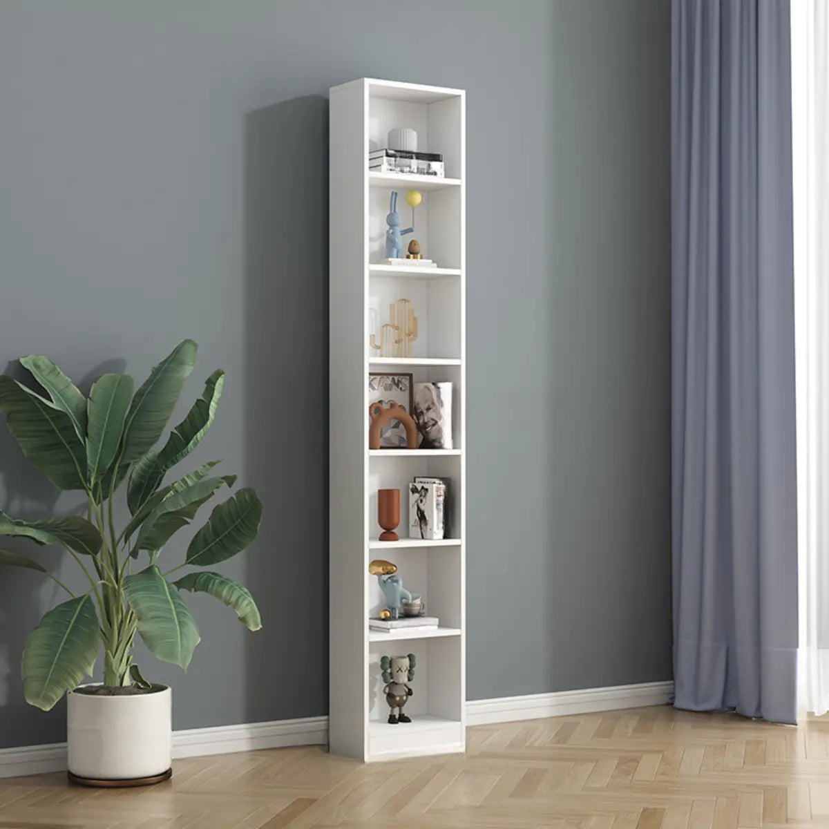 Simple Vertical White Wood Rectangular Narrow Bookcase Image - 2