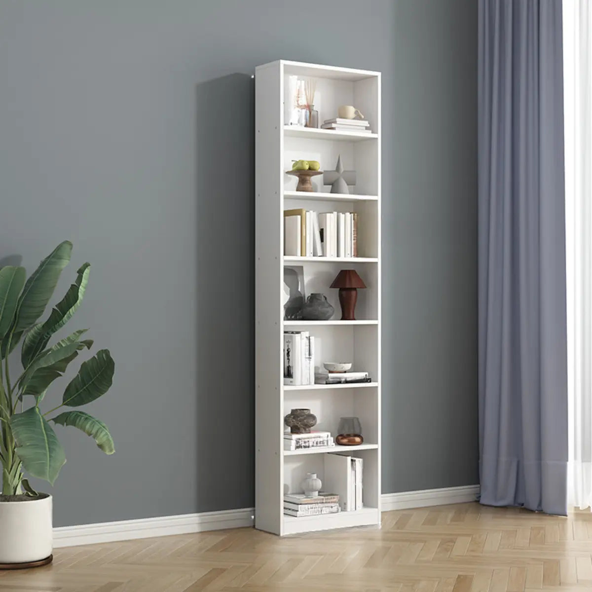 Simple Vertical White Wood Rectangular Narrow Bookcase Image - 3
