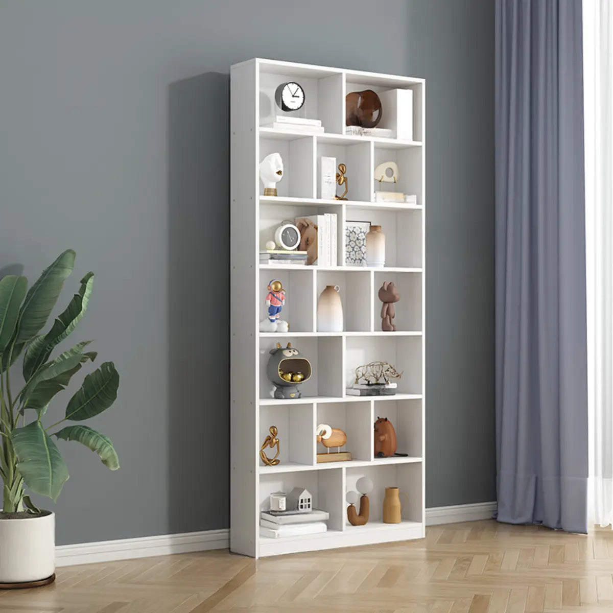 Simple Vertical White Wood Rectangular Narrow Bookcase Image - 7