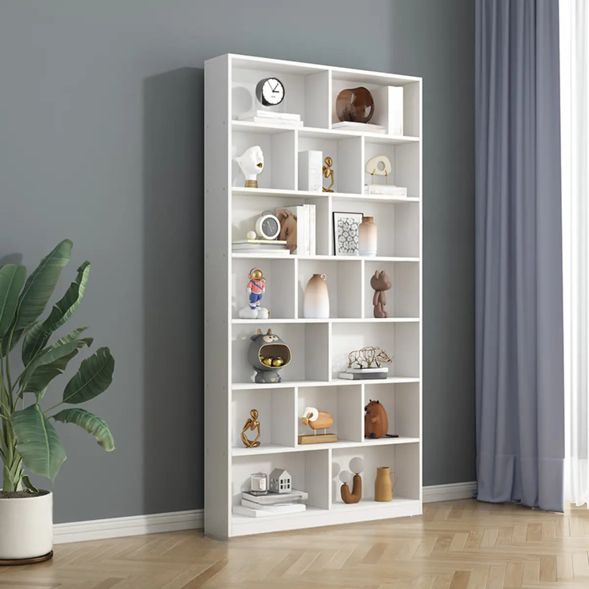 Simple Vertical White Wood Rectangular Narrow Bookcase Image - 9