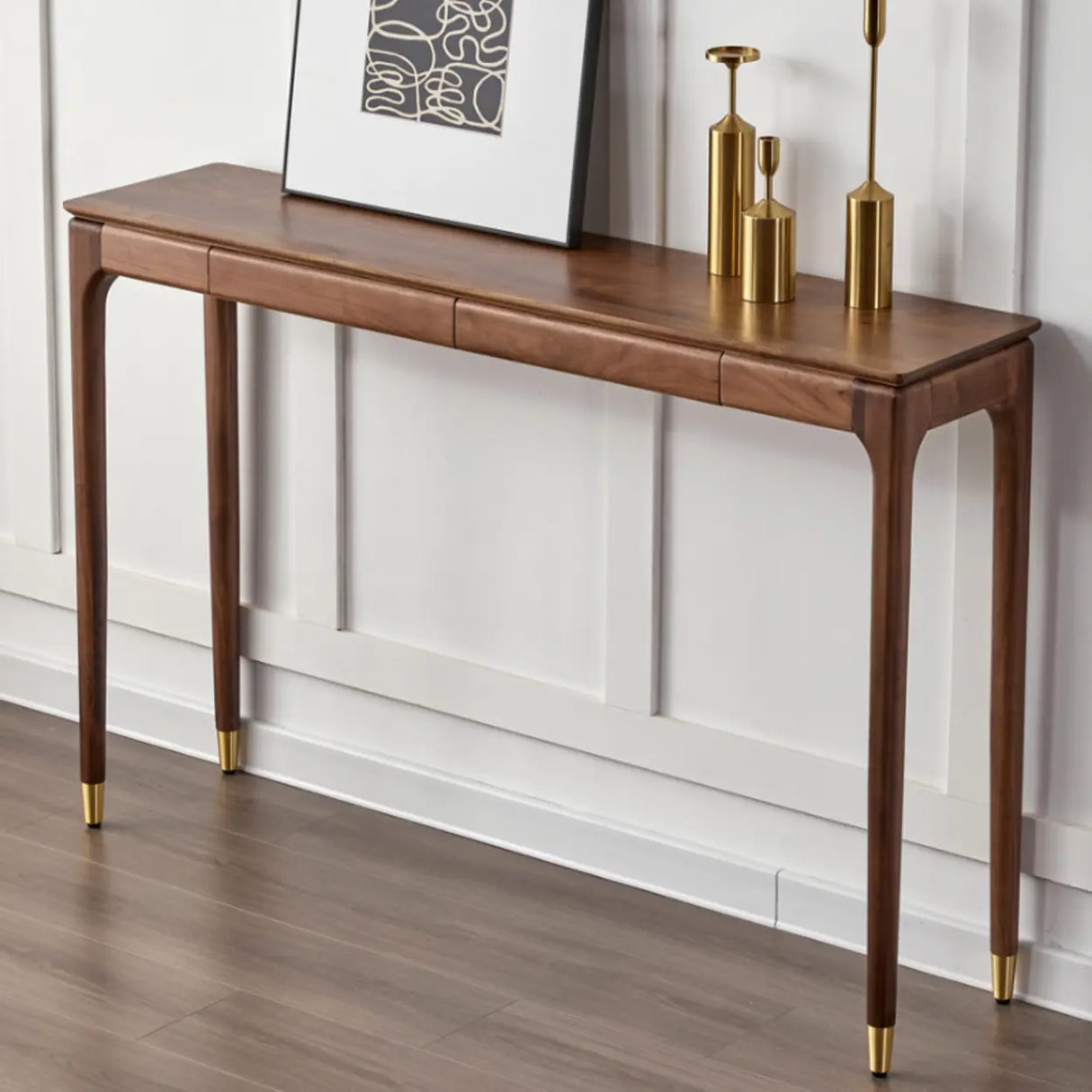 Simple Walnut Brown Rectangular Storage Console Table Image - 3