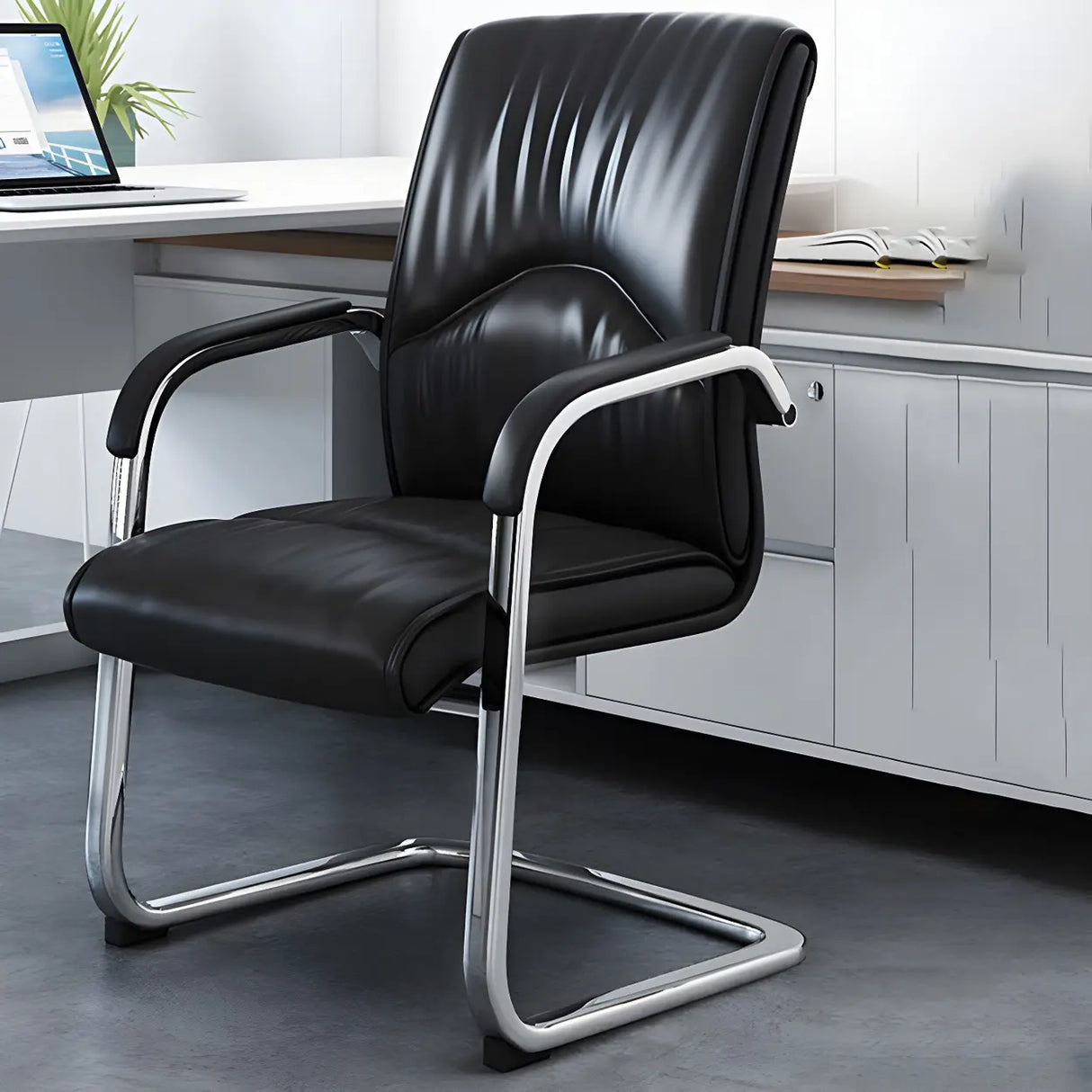 Simple Waterfall Seat Leather Black Office Conference Chair Image - 4