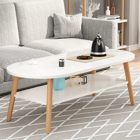 Simple White Oval Wood Shelves Four Legs Coffee Table Image - 1