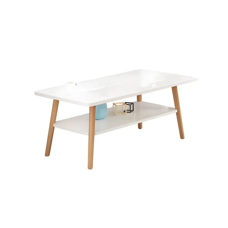 Simple White Oval Wood Shelves Four Legs Coffee Table Image - 2