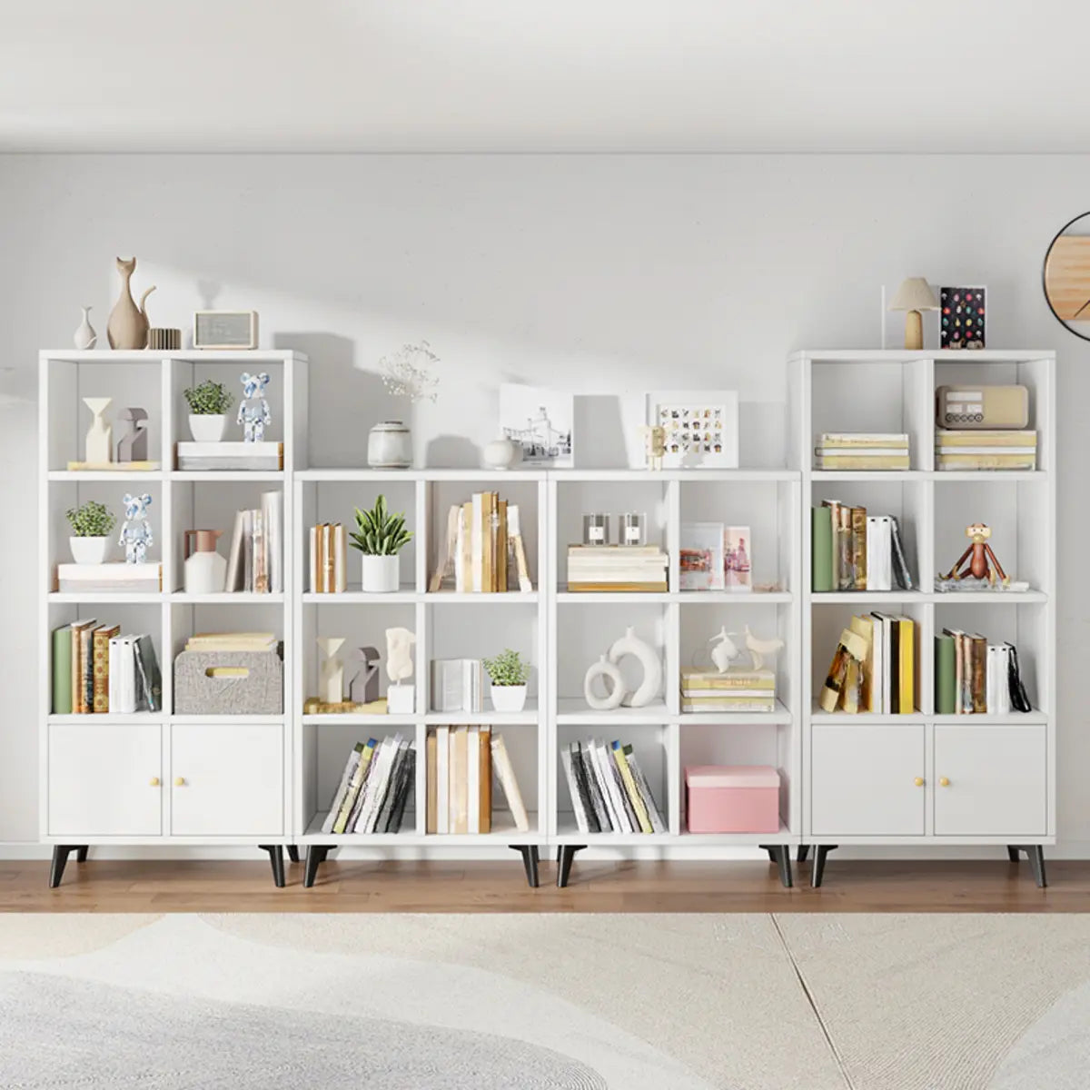 Simple White Wood Modern Cube Storage Wide Bookcases Image - 1