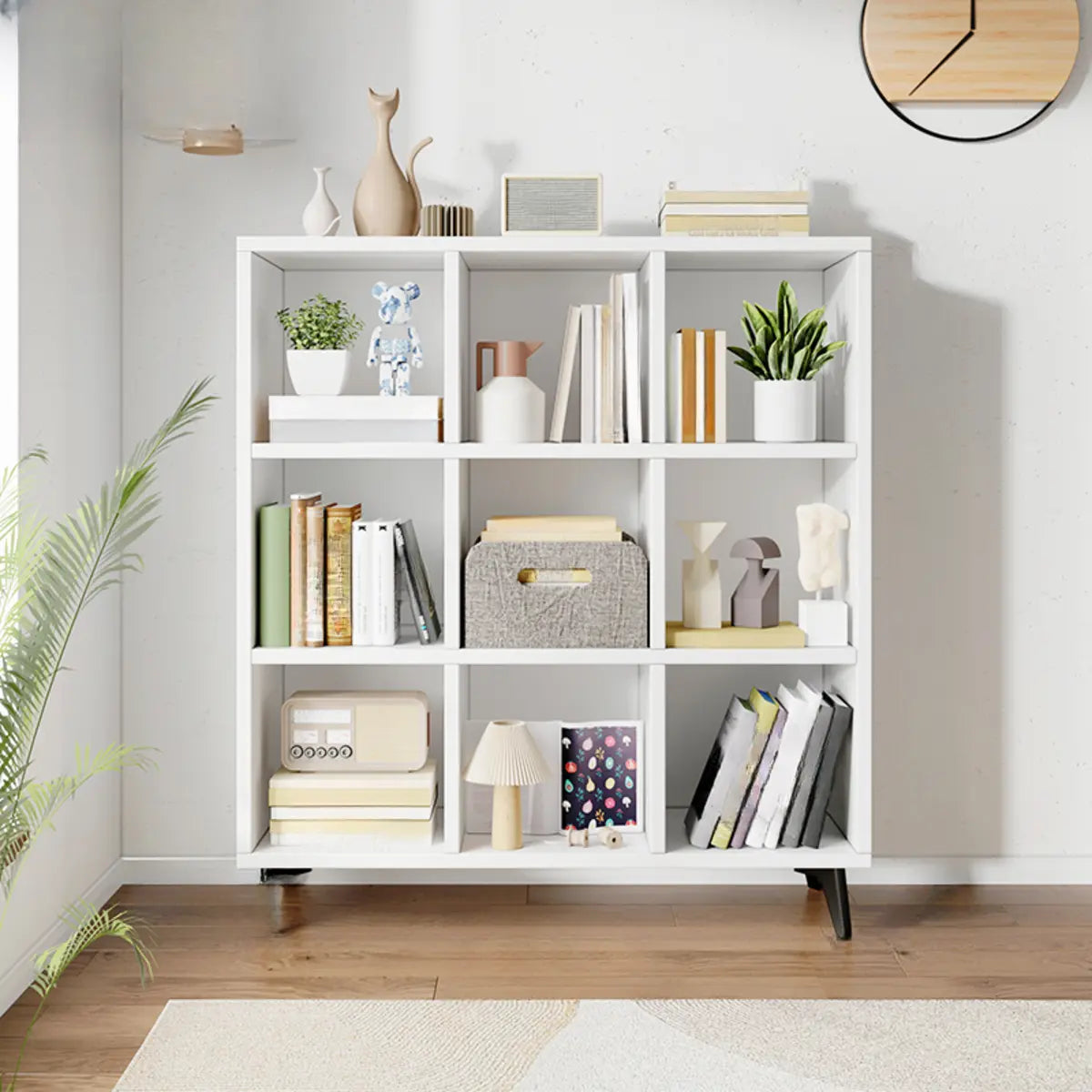 Simple White Wood Modern Cube Storage Wide Bookcases Image - 3