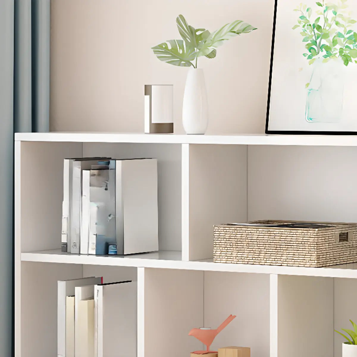 Simple White Wood Modern Cube Storage Wide Bookcases Image - 7