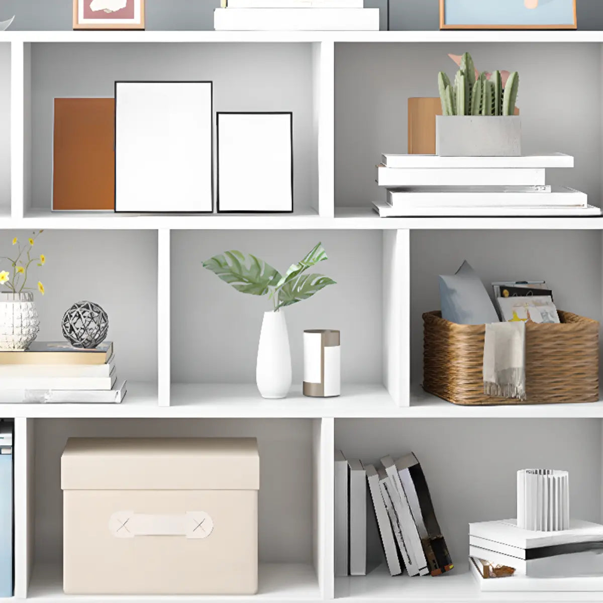 Simple White Wood Modern Cube Storage Wide Bookcases Image - 8