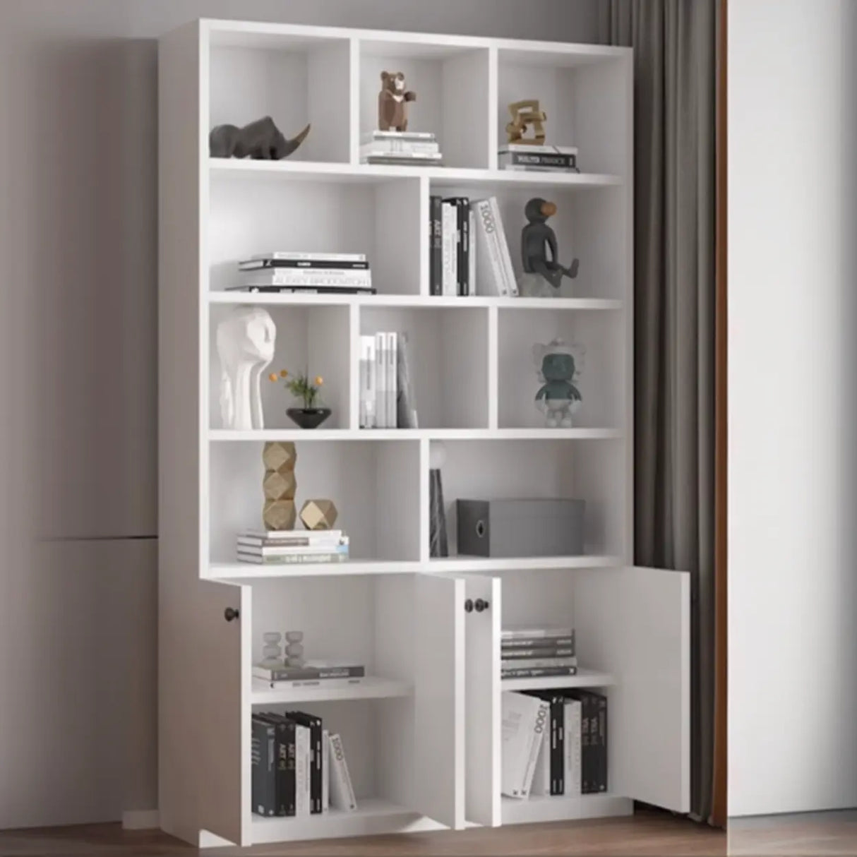 Simple White Wood Vertical Multi-Shelf Storage Bookcase Image - 7