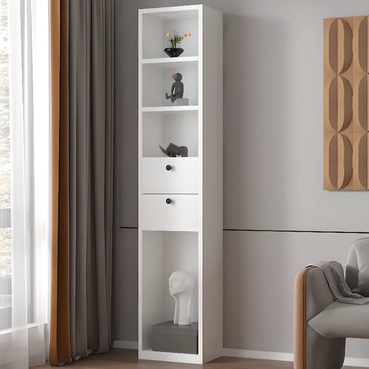 Simple White Wood Vertical Multi-Shelf Storage Bookcase Image - 9