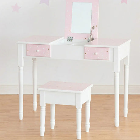 Simple Wood Pink Drawers Kids Vanity Set with Mirror Image - 1