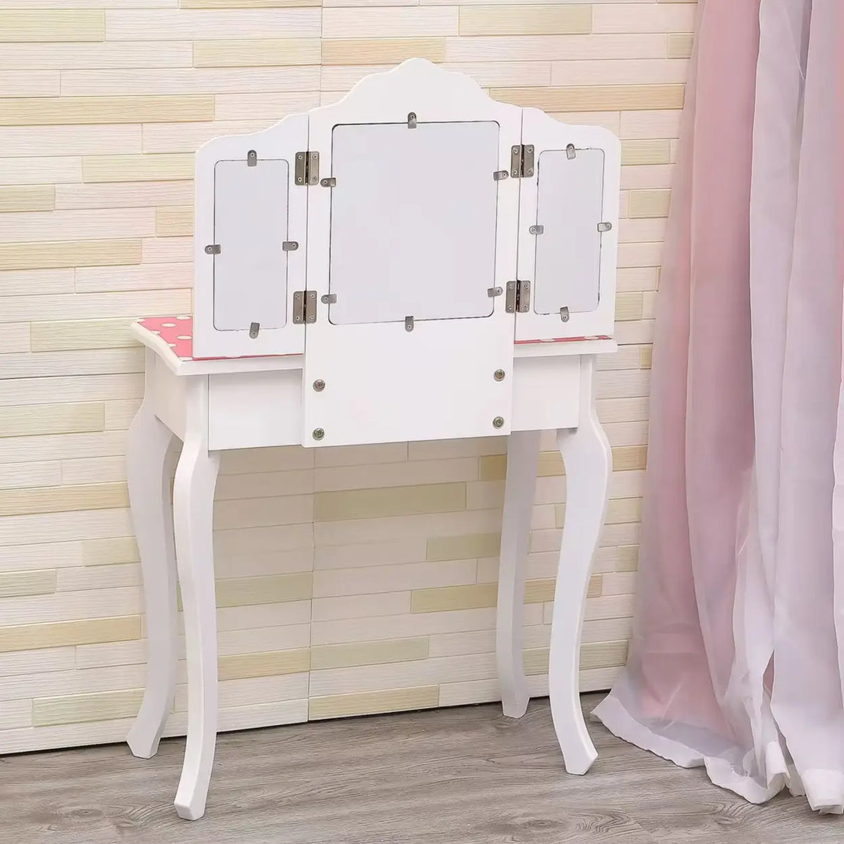 Simple Wood Pink Drawers Kids Vanity Set with Mirror Image - 4