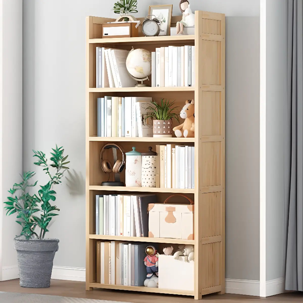 Simple Wood Tone Closed Back Vertical Timber Bookcase Image - 18