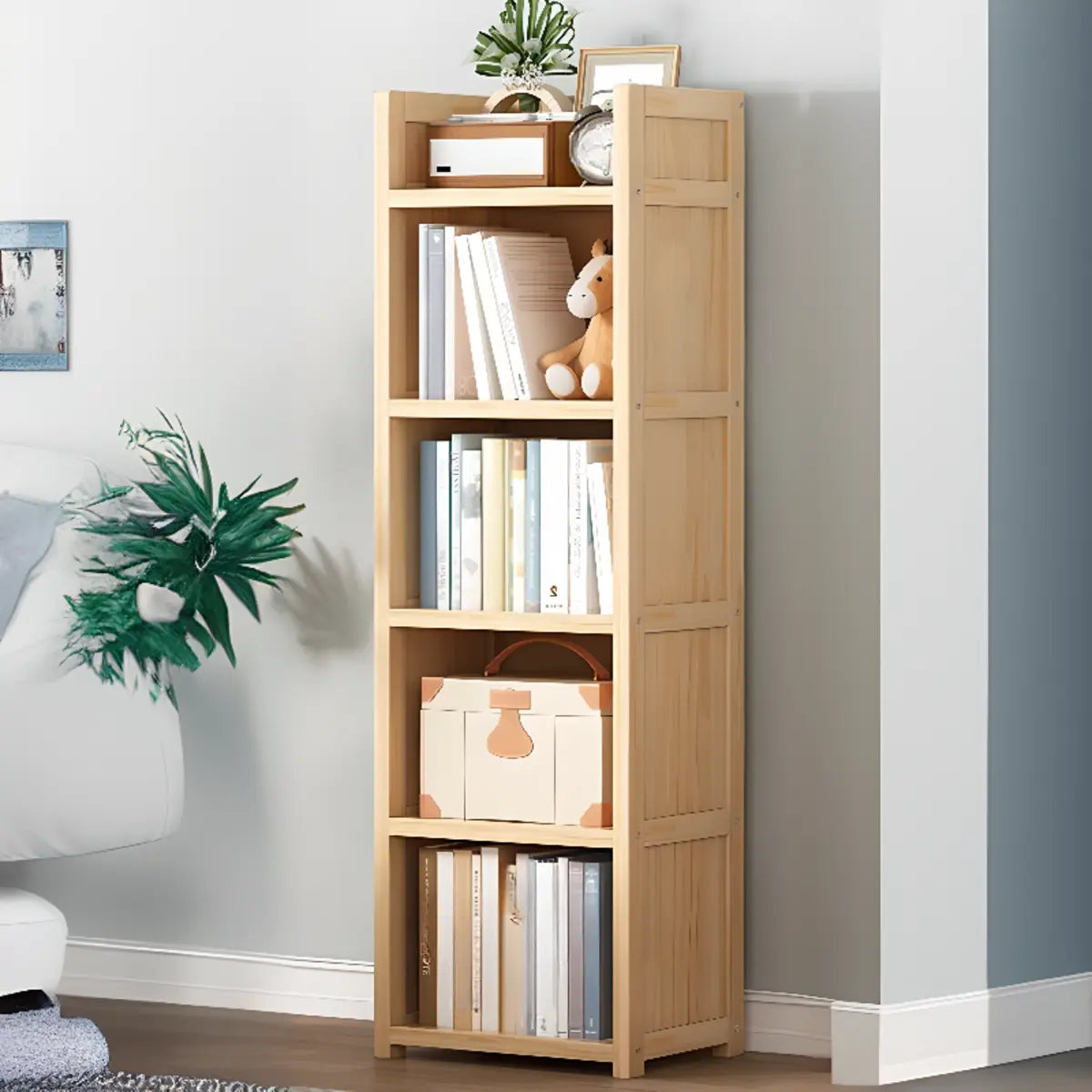 Simple Wood Tone Closed Back Vertical Timber Bookcase Image - 5