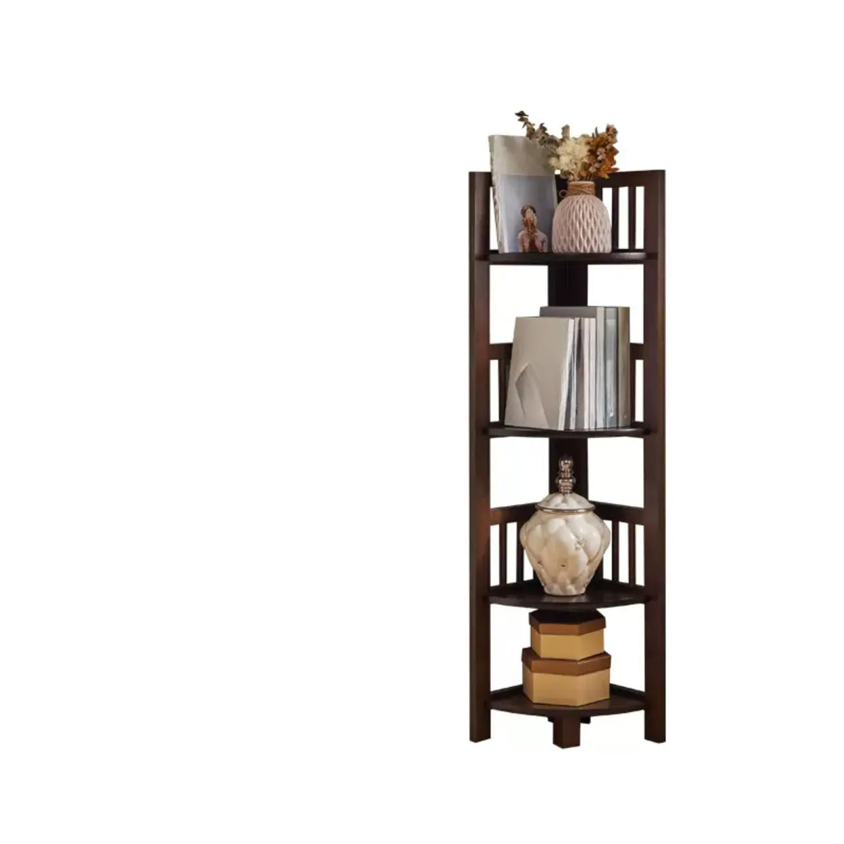 Simple Wooden Triangle Shelf Tower Open Corner Bookcase Image - 5