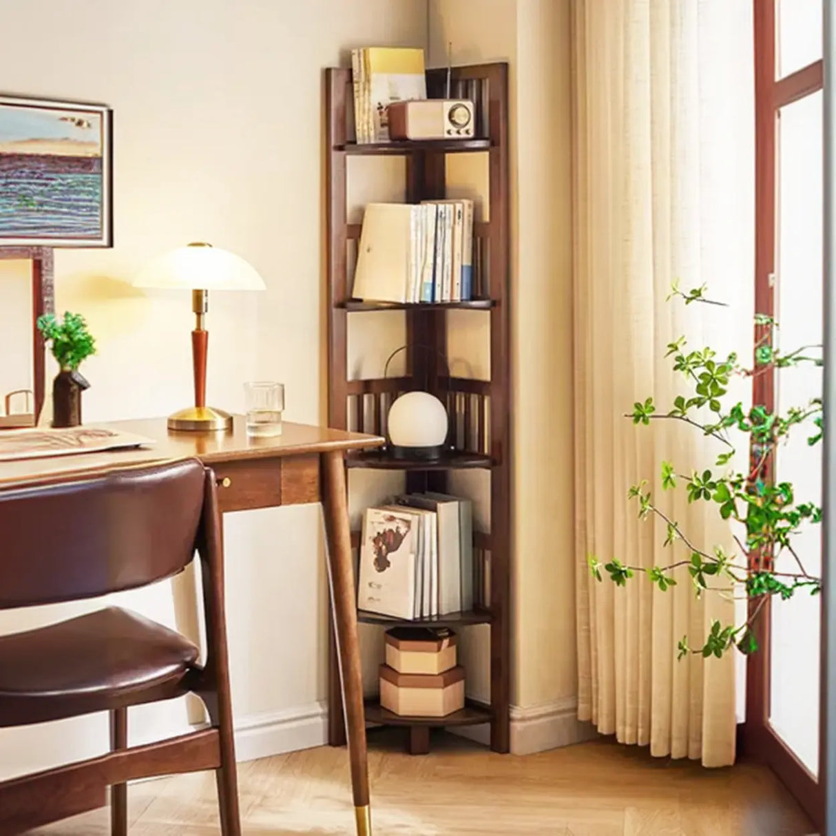 Simple Wooden Triangle Shelf Tower Open Corner Bookcase Image - 6