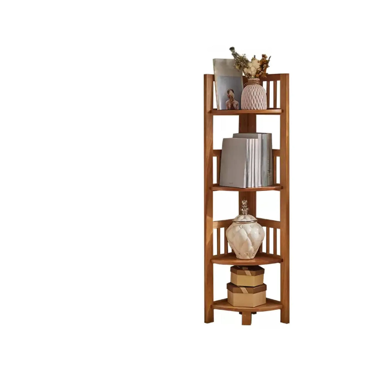 Simple Wooden Triangle Shelf Tower Open Corner Bookcase Image - 7