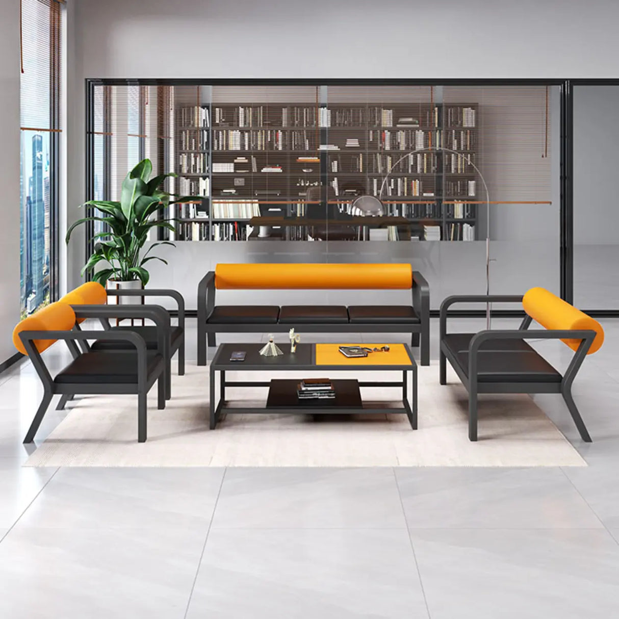Simplistic Black-Orange Faux Leather Foam Fill Sofa Image - 4