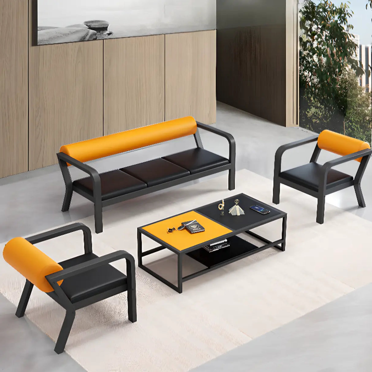 Simplistic Black-Orange Faux Leather Foam Fill Sofa Image - 6