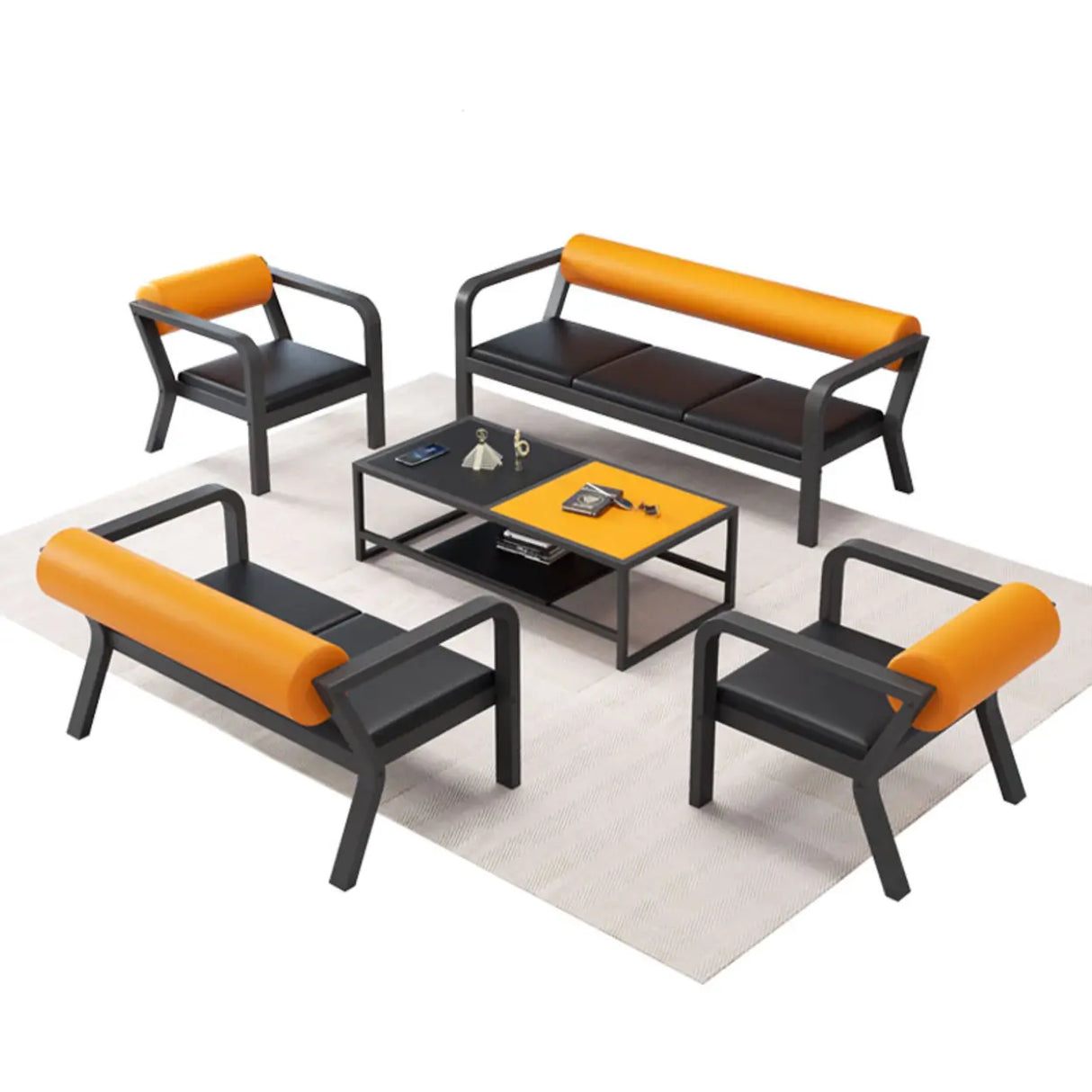 Simplistic Black-Orange Faux Leather Foam Fill Sofa Image - 7