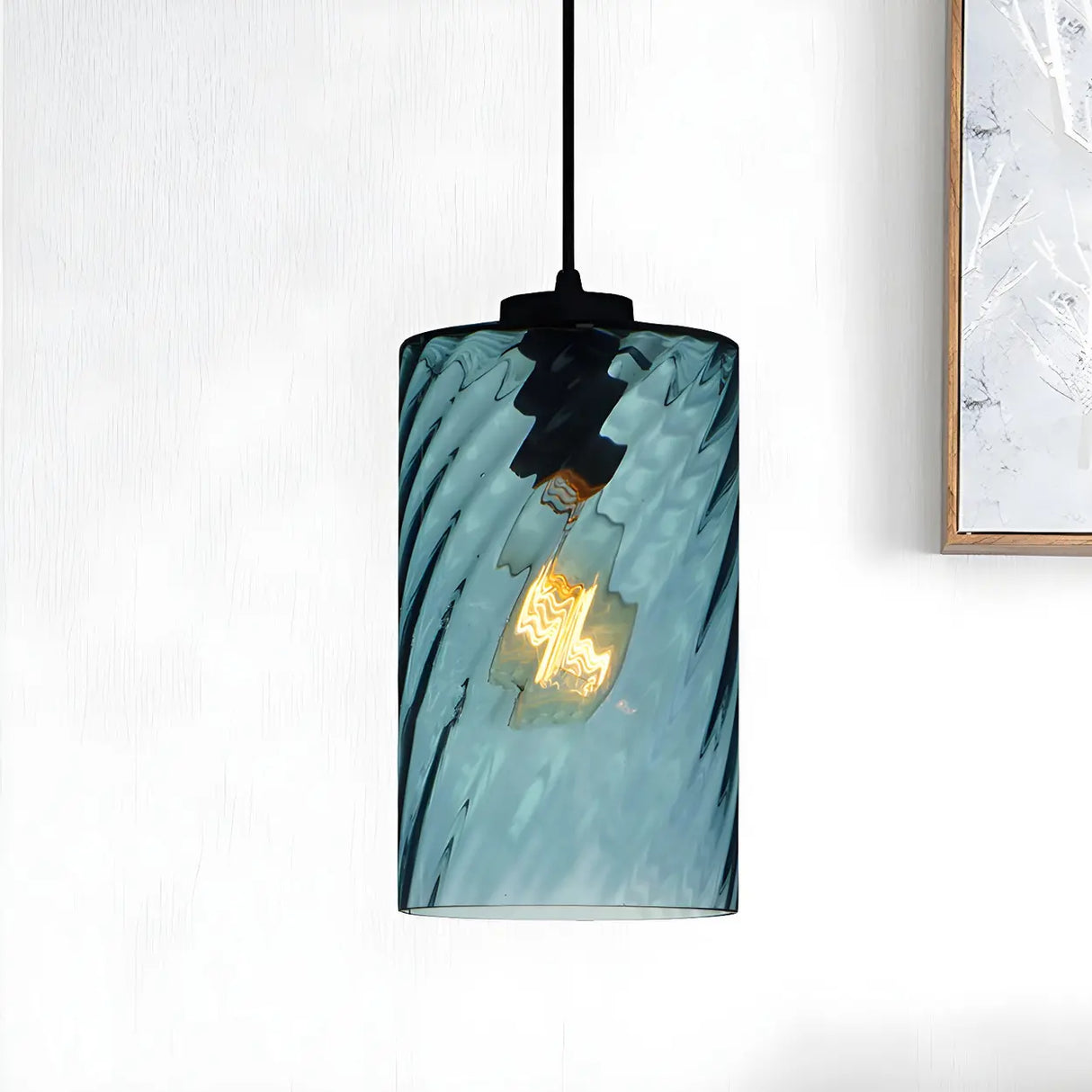 Simplistic Blue Glass Ribbed Cylindrical Pendant Light Image - 1