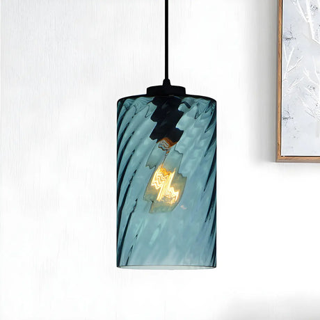 Simplistic Blue Glass Ribbed Cylindrical Pendant Light Image - 1